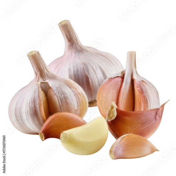 Fototapeta  a group of garlic cloves and a slice of garlic isolated on white and transparent background.