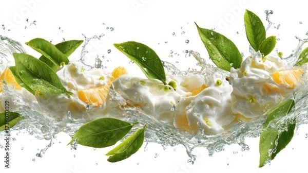 Fototapeta Fresh, white yogurt or mousse, citrus segments, and green leaves in water splashes