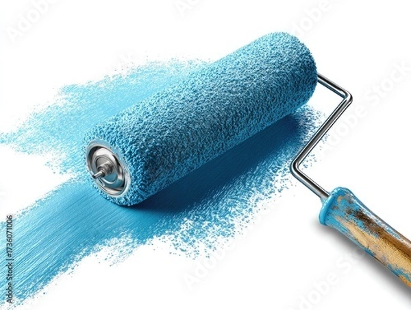 Fototapeta A paint roller, coated in vibrant blue paint, leaves a trail of color on a white background