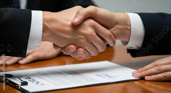 Fototapeta Successful business handshake signifies deal and partnership agreement. Two professional partners finalize contract during formal meeting, showing trust and success