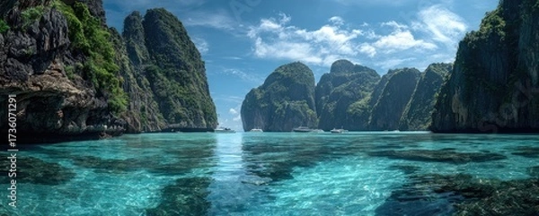 Fototapeta Turquoise waters lap against dramatic limestone cliffs