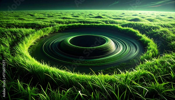 Fototapeta Mystical Green Swirl Formation, Nature Landscape, Grass Field, Digital Art, Enchanted Environment, Aerial View, Conceptual Imagery