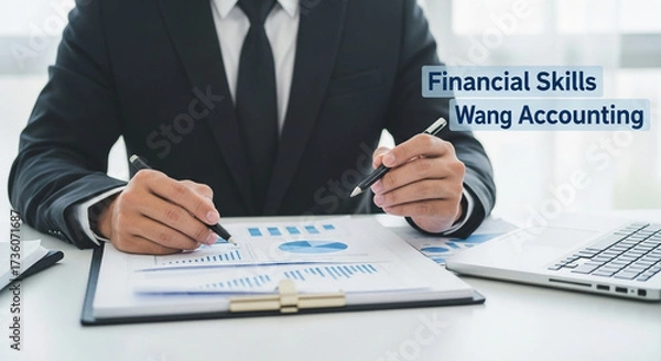Fototapeta Professional businessman focused on finance and accounting analysis, carefully reviewing business report. Man checks data on document with chart and graph at office desk