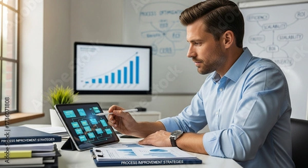 Fototapeta Focused businessman analyzing financial data on tablet and computer at his desk in modern office. Professional man looks at growth chart and dashboard showing success