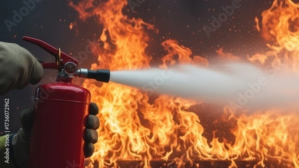 Fototapeta A worker using a red fire extinguisher spraying white mist onto burning flames, urgent fire prevention and safety action