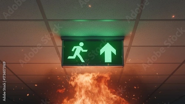 Fototapeta A glowing green exit sign above flames with sparks rising in smoke, fire prevention and safety concept