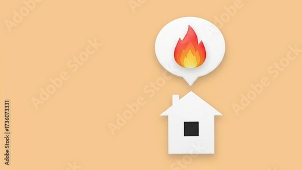 Fototapeta A small white house with speech bubble flame icon on orange background, minimalist fire prevention and safety concept