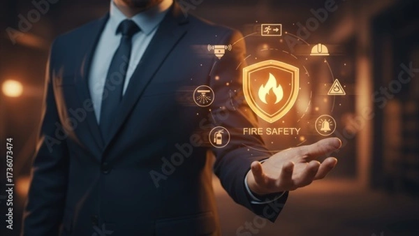 Fototapeta A businessman presenting a glowing fire safety shield with icons, innovation in fire prevention and safety