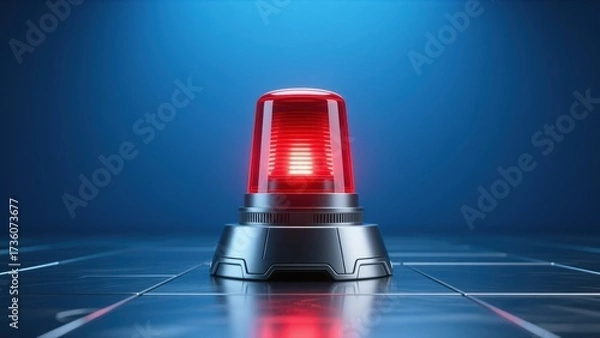 Fototapeta A futuristic red beacon glowing on metallic base with dramatic lighting, modern fire prevention and safety warning