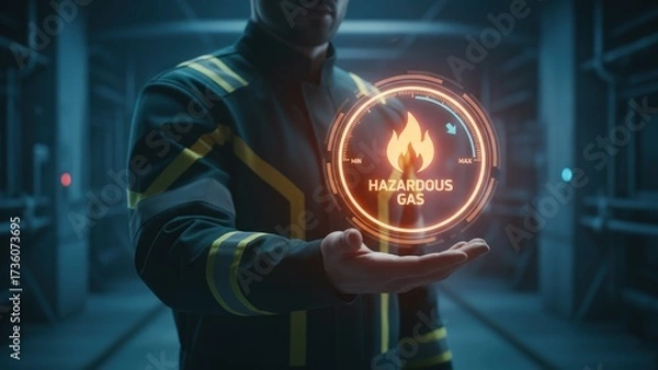 Fototapeta A worker in teal uniform holding a glowing hologram with hazardous gas flame, futuristic fire prevention and safety