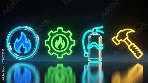 Fototapeta A neon glowing fire, gear, extinguisher, and hammer icons in cyber style, modern fire prevention and safety symbols