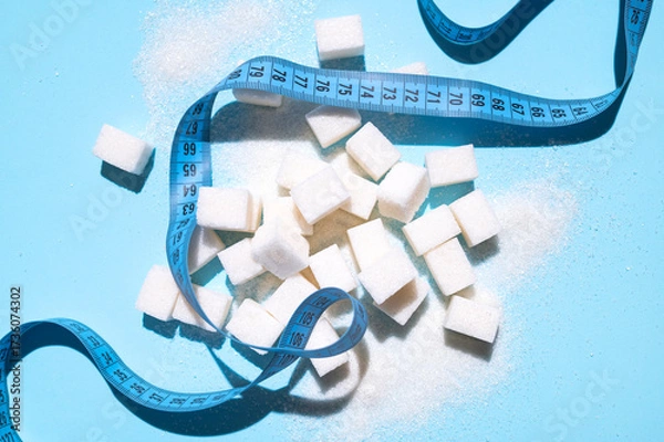 Fototapeta White sugar cubes and measuring tape on blue background flat lay top view. Concept of sweets consumption and addiction, global health and excess weight issue, sugar-free diet, sports and fitness