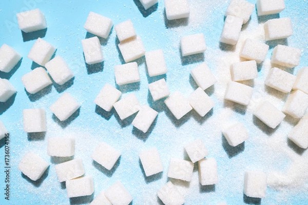 Fototapeta Scattered sugar cubes. White sugar cubes on blue background top view flat lay. Abstract pattern of food. Concept of sweets consumption and addiction, global issue of health 