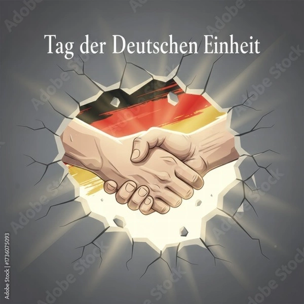 Fototapeta Hands shaking through a wall symbolizing German Unity Day  