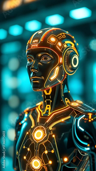 Fototapeta An AI agent hologram symbolizing agentic autonomy for collaboration with the human workforce using a