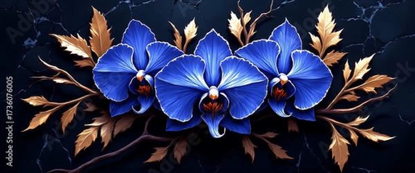 Obraz Luxury floral wallpaper featuring 3D embossed blossoms with gold, silver, and marble textures, elegant botanical mural in rich colors, abstract illustration for art prints, seamless 4K decorative back