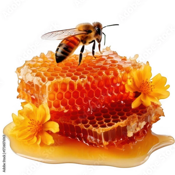 Fototapeta  a honeycomb with a bee on top and flowers isolated on white and transparent background.