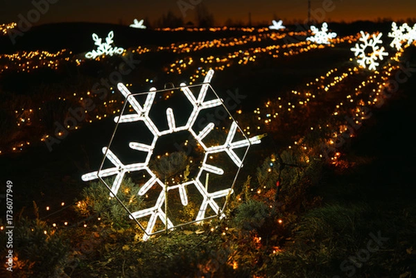 Fototapeta Bright illuminated snowflake light with glowing, shining garlands in background, creating magical winter holiday atmosphere. Christmas and New Year light installations, street decor