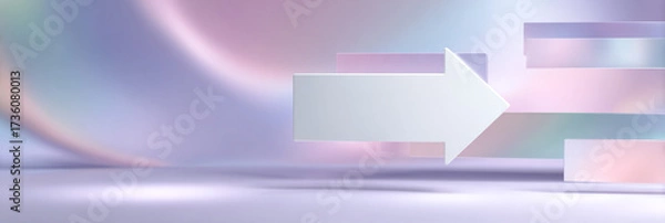 Fototapeta Abstract pastel illustration featuring a large arrow pointing right, surrounded by soft gradients and geometric shapes, creating a modern and dynamic visual concept for design purposes