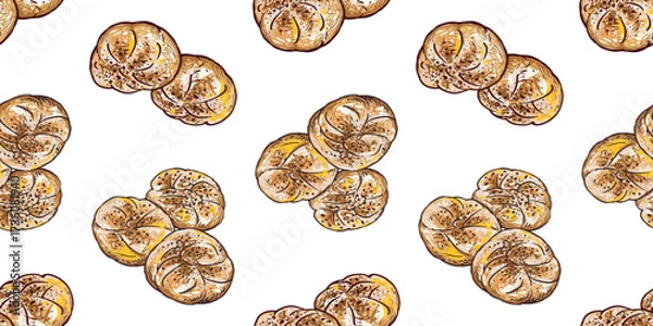 Fototapeta Seamless pattern of sweet buns sketches, soft fresh pastry, vector hand drawings, white background, paper, wallpaper, wrapper