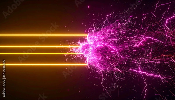 Fototapeta Futuristic digital abstract of high-energy particle beams impacting a vibrant pink electrical discharge and creating a powerful reaction
