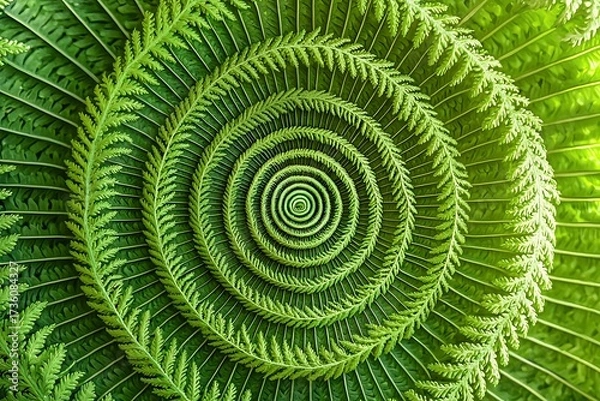 Fototapeta Spiral Pattern of Fresh Green Fern Leaves in Natural Light Displaying Intricate Textures