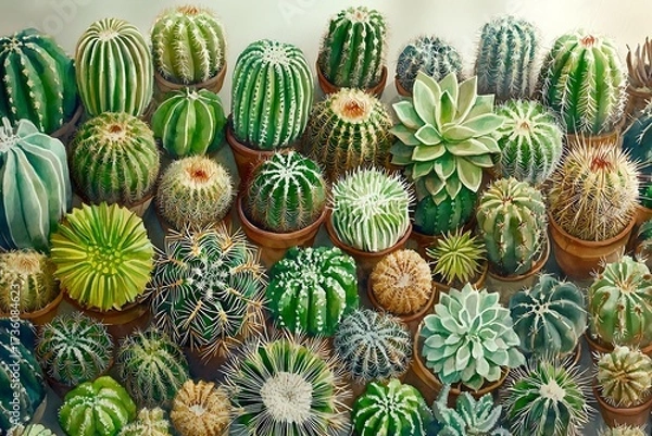Fototapeta Diverse Collection of Unique Cactus Species in Colorful Pots Displayed on a Sunny Surface