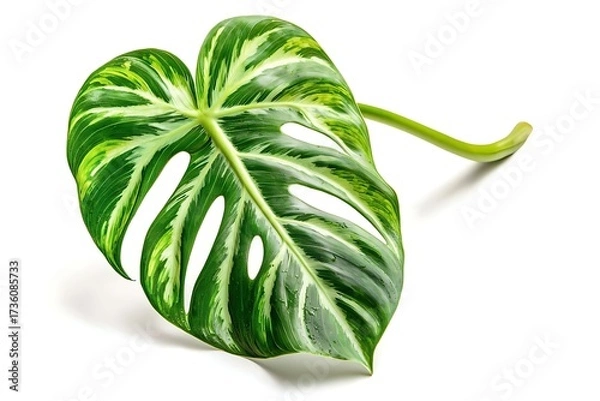 Fototapeta Vibrant Green Monstera Leaf with Unique Shape and Texture Isolated on White Background