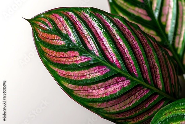 Fototapeta Vibrant Leaf with Striking Patterns in Vivid Green and Pink Colors on Clean Background
