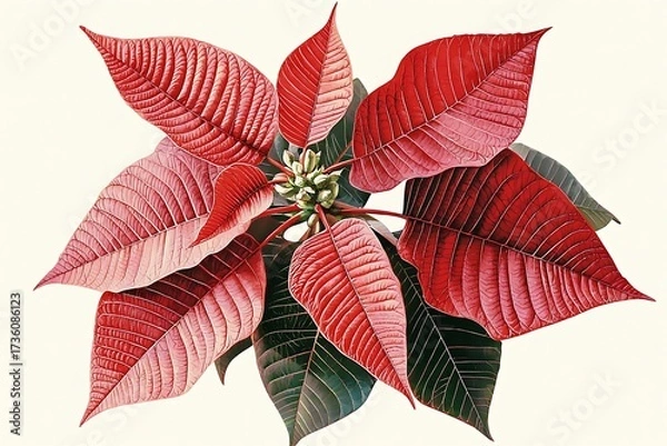 Fototapeta Vibrant Red and Green Poinsettia Leaves with Intricate Veins on a Light Background