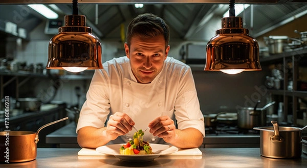 Fototapeta Professional male chef meticulously plating a gourmet dish in a high-end restaurant kitchen. A focused culinary artist adding the final touches under warm heat lamps, creating a work of art.