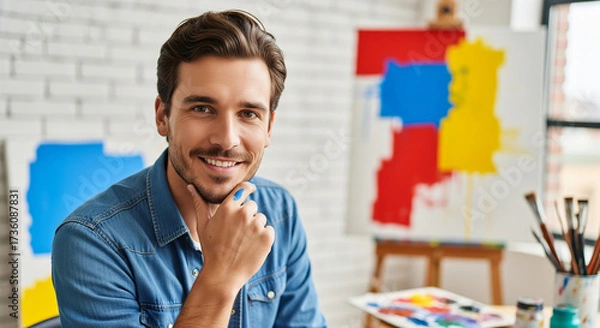 Fototapeta Portrait of a handsome young male artist smiling confidently at the camera in his bright art studio with colorful abstract paintings in the background.