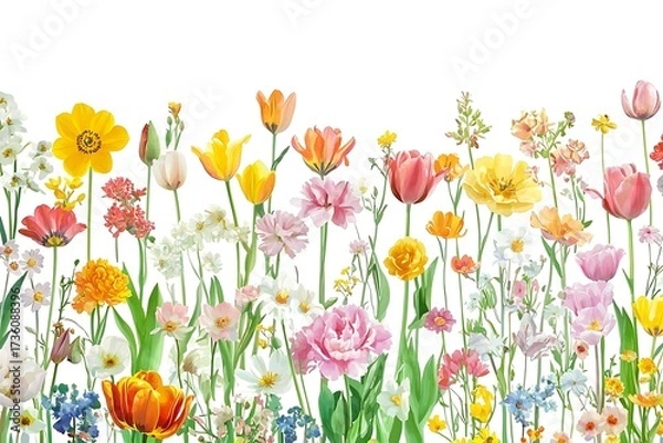 Fototapeta Colorful Blooming Flowers in a Field with Various Petals and Greenery on White Background