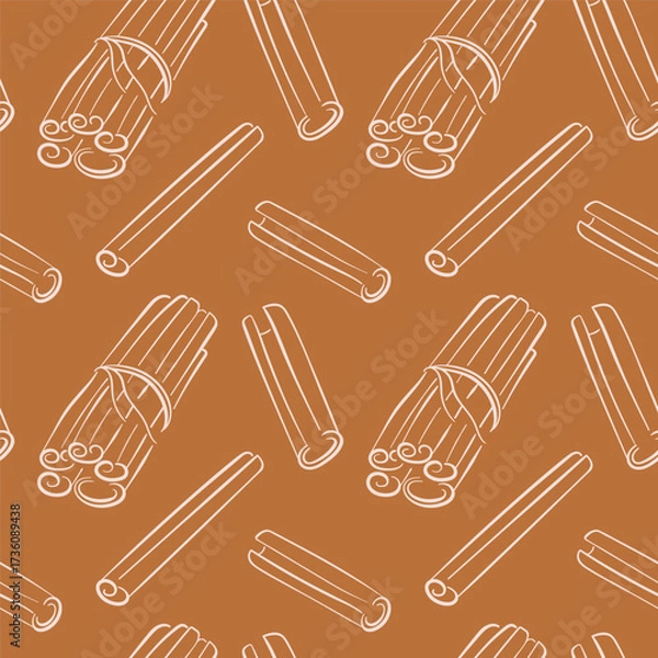 Fototapeta Seamless pattern with line art style cinnamon stick, bundle on warm brown background. Perfect for spice and culinary themed design.