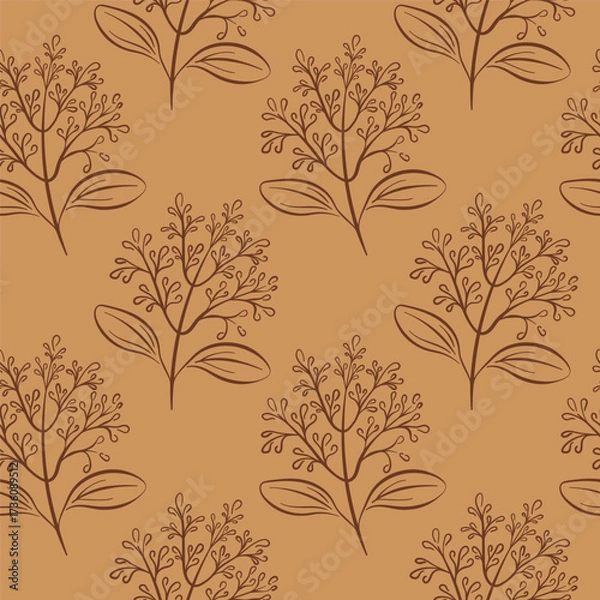 Fototapeta Seamless pattern with line art style cinnamon plant branch and leaf for spice herbal and botanical design themes.