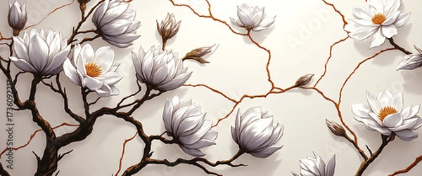 Obraz Luxury floral wallpaper featuring 3D embossed blossoms with gold, silver, and marble textures, elegant botanical mural in rich colors, abstract illustration for art prints, seamless 4K decorative back