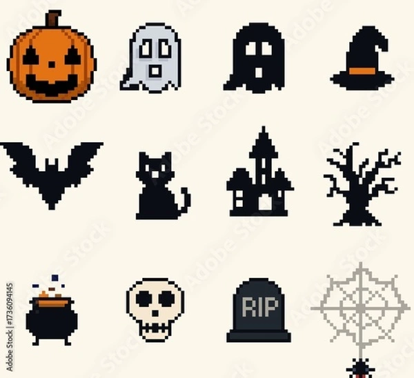 Obraz Pixel Art Halloween Icon Set – Cute Spooky Collection