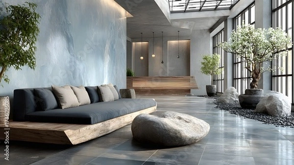 Fototapeta empty reception lobby with sofa modern decor bright natural light