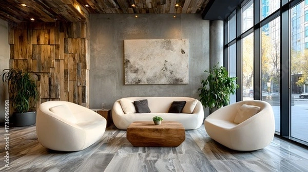 Fototapeta empty coworking breakout area modern sofa chairs clean design