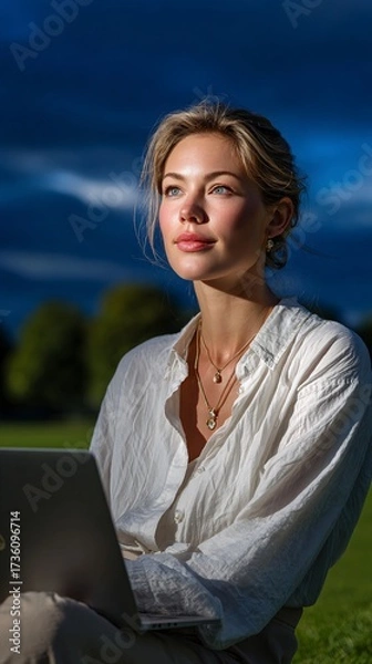 Fototapeta Woman in Park Enjoying Leisure Time with Laptop on a Sunny Day