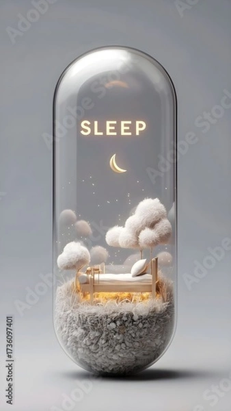 Obraz  transparent capsule containing miniature bedroom scene with sleep text and crescent moon decoration