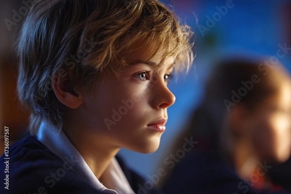 Fototapeta Young Boy in Classroom Deep in Thought Beside Classmate in Blue Uniform