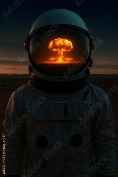 Obraz astronaut helmet nuclear explosion reflection mushroom cloud apocalyptic disaster scene dramatic surreal concept photography