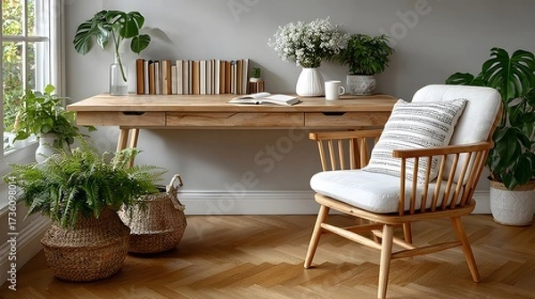 Fototapeta empty smart home office desk workspace clean modern furniture blank background