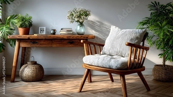 Fototapeta empty smart home office desk workspace clean modern furniture blank background