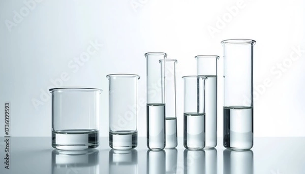 Fototapeta Clear glass beakers and test tubes with liquid arranged neatly on a sleek surface