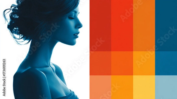 Fototapeta Profile of a woman with colorful square abstract design.