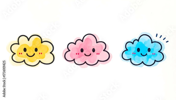Fototapeta Cheerful hand-drawn watercolor clouds with smiling faces, a vibrant and playful illustration.