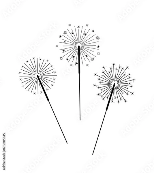 Fototapeta Sparklers, fireworks, isolated on a white background, black and white vector illustration, set of icons. Decorative graphic holiday element for design, decoration, holiday, postcard, banner, Christmas