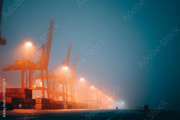Fototapeta Container Port at Night with Cranes
